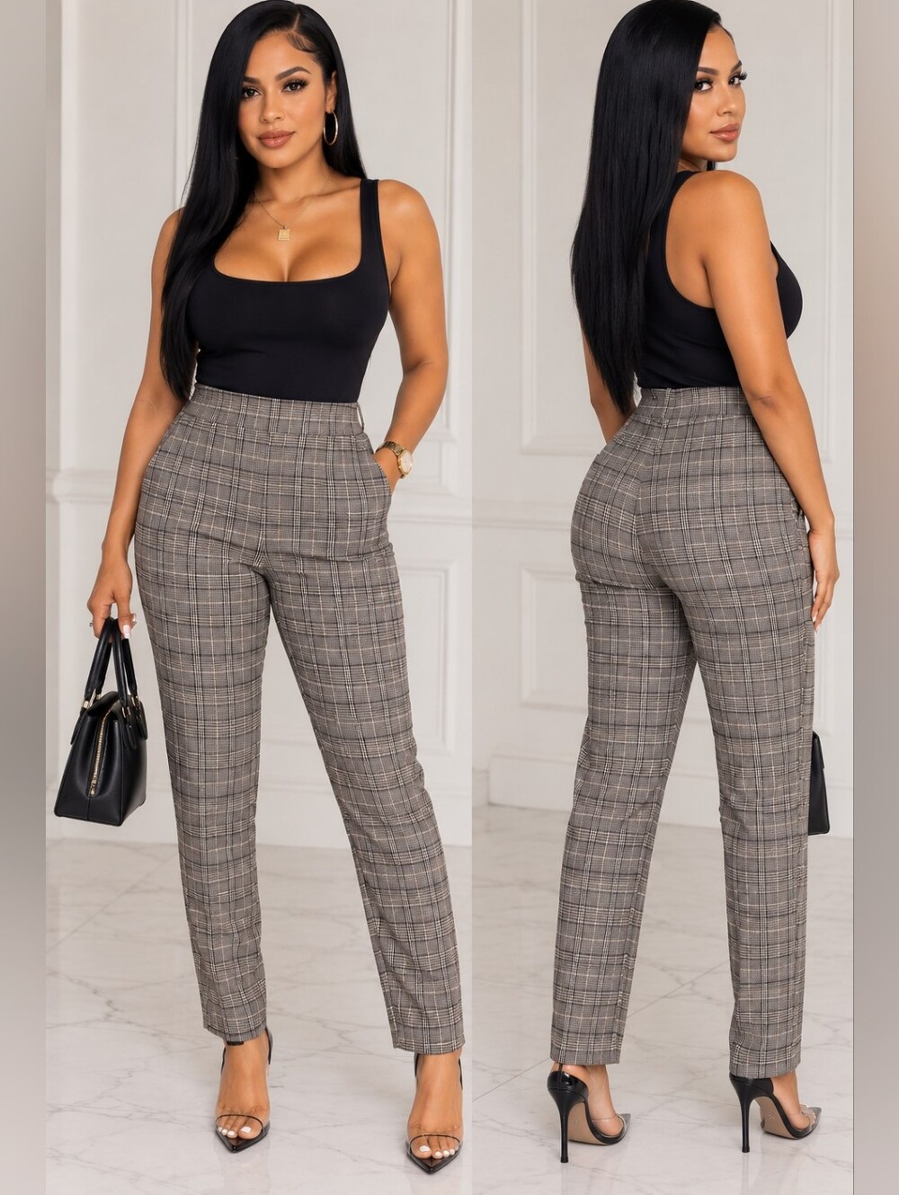 H&M Black Tank with Grey Plaid Trousers